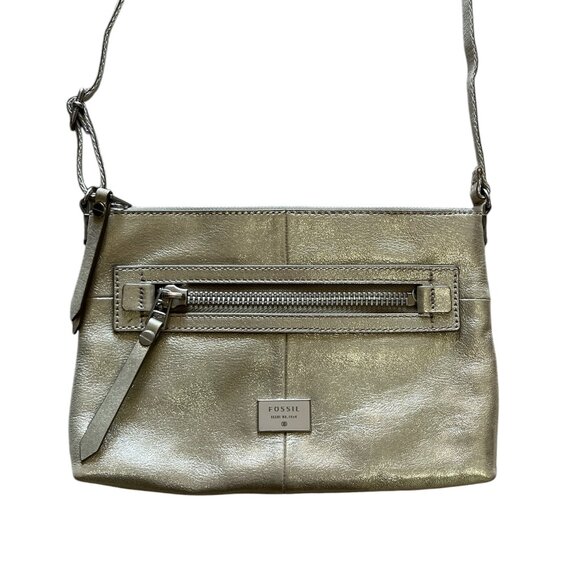 Fossil Gold Metallic Soft Zip Leather Crossbody - EUC - Picture 1 of 12